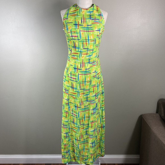 Vintage Dresses & Skirts - Vtg 90s Mica Rayon Cross Back Maxi Dress XS-S Neon Green Artsy Cocktail